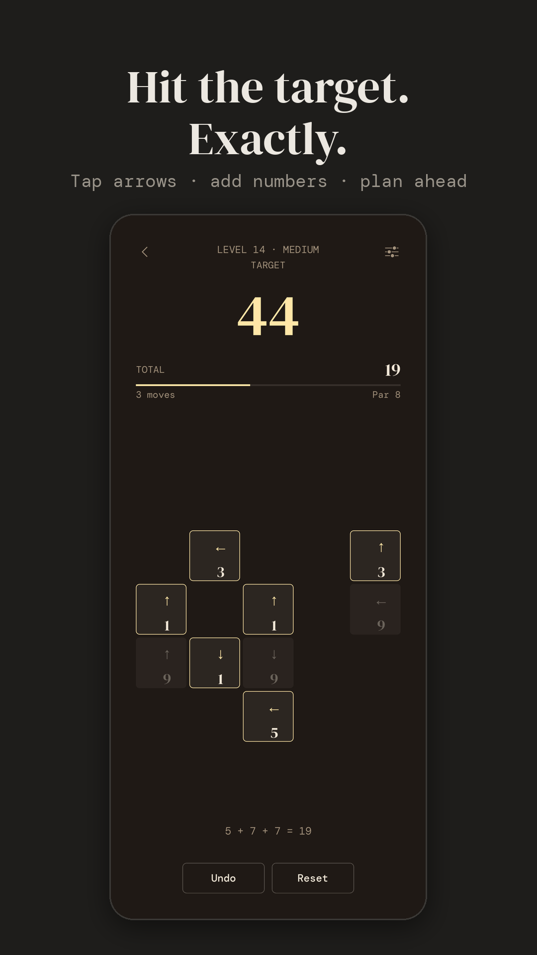 A puzzle in progress: target 44, total 19